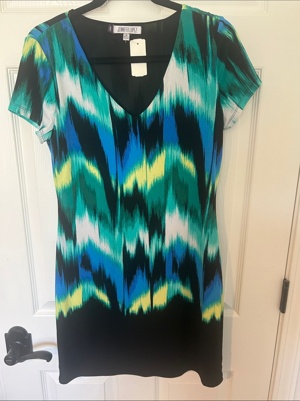 Jennifer Lopez Black V-Neck Dress with Blue, Teal & Yellow Abstract Print